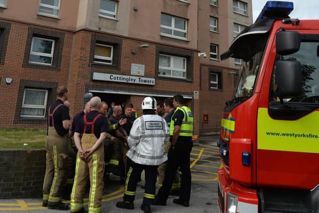 Cottingley Towers, where the fire broke out on Monday