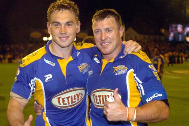 Leeds Rhinos v Wigan Warriers fri 8th oct 2004...play offs
 Kevin Sinfield and Dave Furner celebrate...Furners last game at Headingley