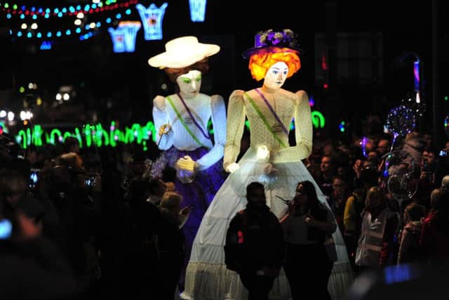 Leeds Light Night parade featured giant Suffragette puppets along The Headrow. Pictures by Gerard Binks Photography.