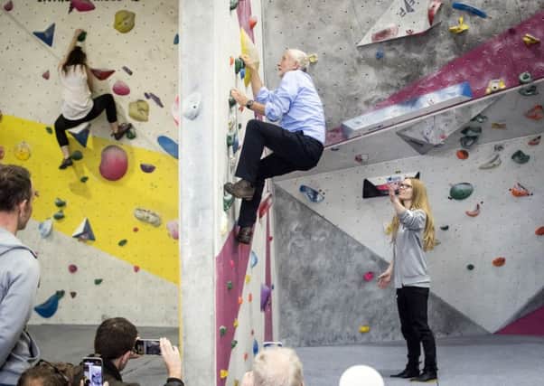 Labour leader Jeremy Corbyn on a climbing wall during a visit to The Climbing Lab in Leeds, which was damaged during the  Boxing Day floods in 2015 as he supported the city's bid for more funding for flood defences to prevent any future disasters.