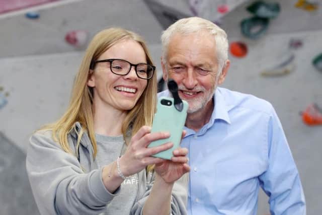 Jeremy Corbyn with Hannah Mason at the Climbing Lab