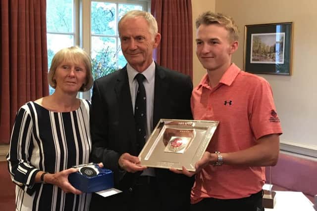 Charlie Thornton receives the North of England trophy from its donors Gill and John Sha, of Selby (Picture: Jonathan Plaxton).