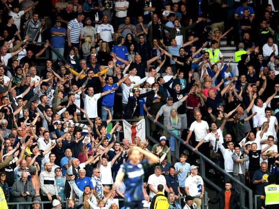 Leeds United's away crowd at Derby County earlier in the season. The club have sold an allocation of 7,650 tickets for this month's game at Blackburn Rovers.