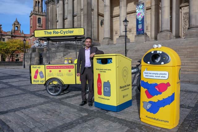 New Scheme: Coun Mohammed Rafique with some of the new ways to recycle in the city centre.