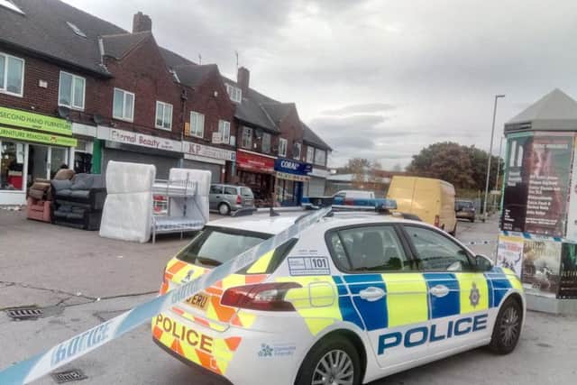 The 24-year-old man was stabbed outside Coral bookmakers on Compton Road in Harehills just before 2pm yesterday (Sunday).