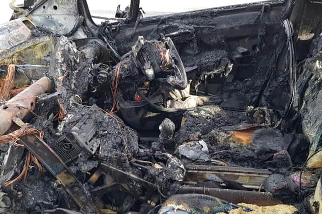 The front seats of the car after the blaze