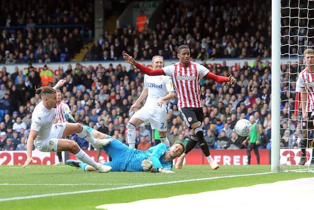 Leeds United midfielder Kalvin Phillips strikes the post during a 1-1 draw with Brentford last Saturday.