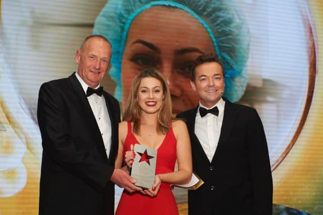 Jessica Smithson at the awards ceremony at the Hilton Hotel, Park Lane, London, with Stephen Mulhern.