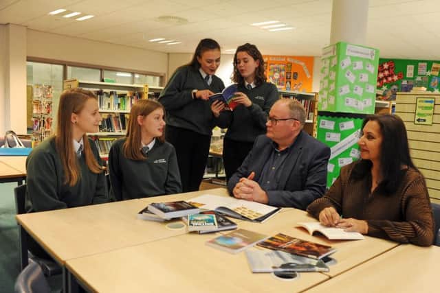 5 October 2018...... Darren Henley. CEO Arts Council, England and Imtiaz Dharker, poet in residence at Ilkley Literature Festival chats to Pupils Lizzie Snow, Miriam Warm, Frankie Smith and Hannah Parkinson during his visit to Allerton High School in Leeds. Picture Tony Johnson.