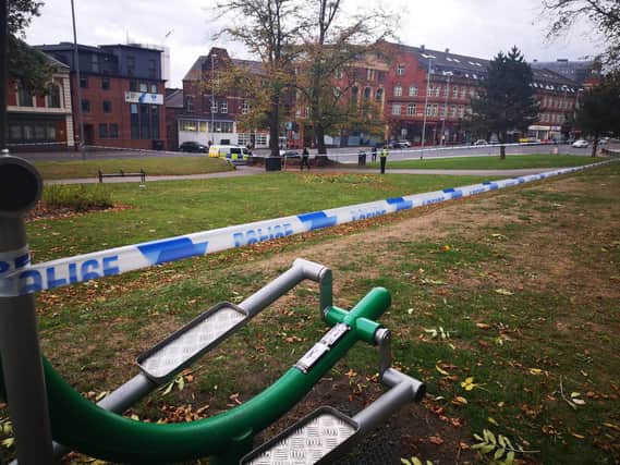 Forensic officers combed the scene for evidence and a short time later the cordon was reduced in size, but a bench within it was covered by officers.