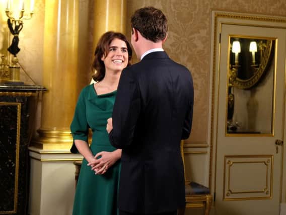 Princess Eugenie and Jack Brooksbank (centre), who were interviewed by ITV This Morning's husband and wife duo Eamonn Holmes and Ruth Langsford who quizzed them about wedding jitters, ahead of their big day on Friday. PHOTO: Royal Communications/PA Wire