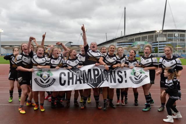 Stanningley women's team celebrate winning the Championship title after beating Leigh Miners Rangers yesterday. Picture: Bruce Rollinson.