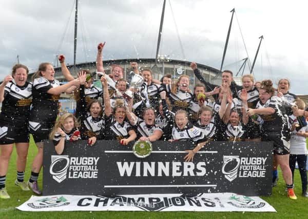 Stanningley women's team celebrate winning the Championship title after beating Leigh Miners Rangers yesterday at Manchester Regional Arena. Picture: Bruce Rollinson.