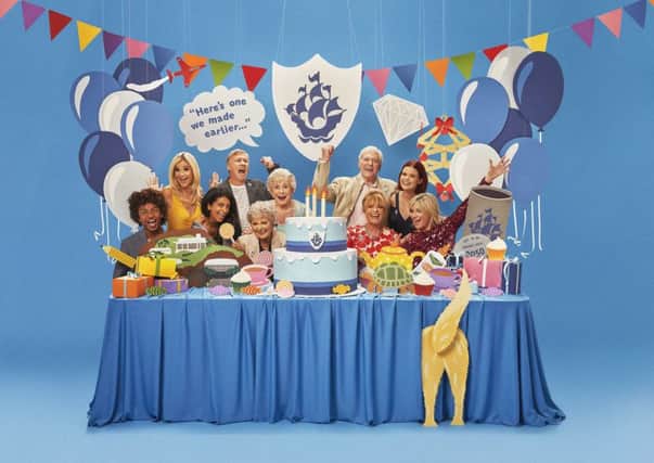 Pictured (left to right) Radzi Chinyanganya, Helen Skelton, Konnie Huq, Peter Duncan, Leila Williams, Valerie Singleton, Peter Purves, Janet Ellis, Lindsey Russell and Anthea Turner during the Blue Peter Big Birthday episode. PIC: PA