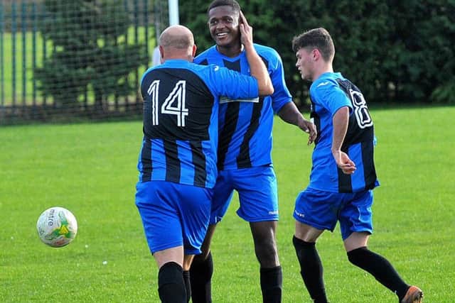 Akeel Francis celebrates a late equaliser for Whitkirk Wanderers in the 1-1 West Yorkshire League Premier Division draw with visiting Ilkley Town. PIC: Steve Riding