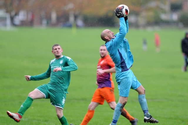 Bramley's keeper, Shane Edwards, takes charge. PIC: Gerard Binks Photography