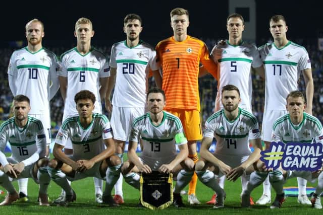Northern Ireland in Bosnia: (back row, left-right) Liam Boyce, George Saville, Craig Cathcart, Leeds United's Bailey Peacock-Farrell, Jonny Evans, Paddy McNair, (front row, left-right) Sheffield United's Oliver Norwood, Jamal Lewis, Corry Evans, Leeds United's Stuart Dallas and Steven Davis line up for a team photo prior to the Nations League match at The Grbavica Stadium, Sarajevo. (Picture: Tim Goode/PA Wire)