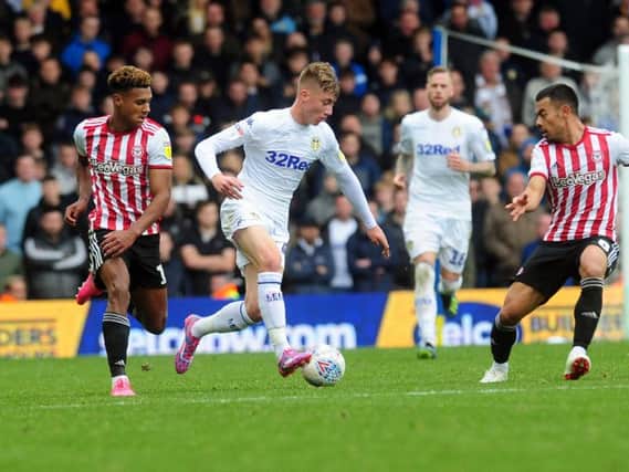 Jack Clarke on the ball during his Leeds United debut against Brentford.