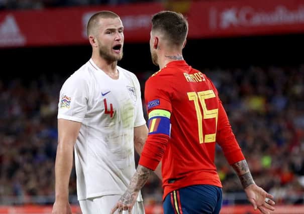 Spain's Sergio Ramos (right) and England's Eric Dier exchange words as tempers flare during the Nations League match.
