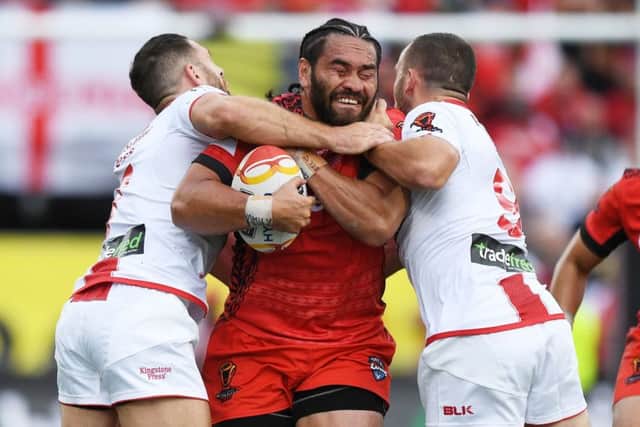 Leeds Rhinos' new signing Konrad Hurrell in action against England for Tonga during last year's World Cup semi-final.
