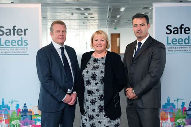 Leeds street support team at City Exchange as they take possession of their new city centre base there. The new street support partnership team sees support and safeguarding services being mobilised to tackle rough sleeping and associated antisocial behaviour and criminality in the city and provides joint services at the point of need. From left, James Rogers, Director of Communities and Environment, Cllr Debra Coupar, exec member for communities and Paul Money, Chief Office for Safer Leeds. 2nd October  2018.