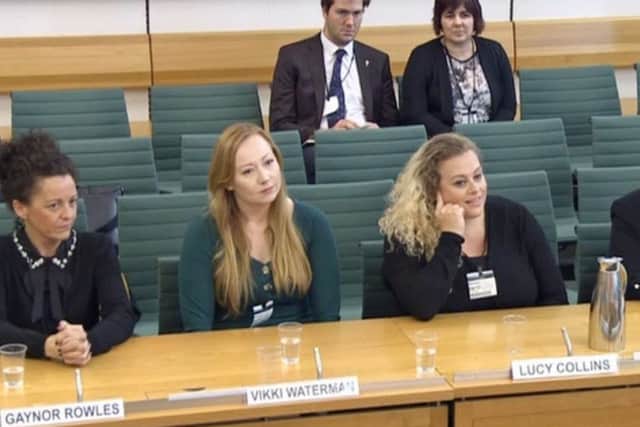 Pictured, left to right, Gaynor Rowles, (hairdresser)
, Lucy Collins, (beauty technician),
Vikki Waterman, (administrator) give evidence to the Work and Pensions Select Committee, as part of a parliamentary inquiry into the childcare element of Universal Credit. PIC: PA