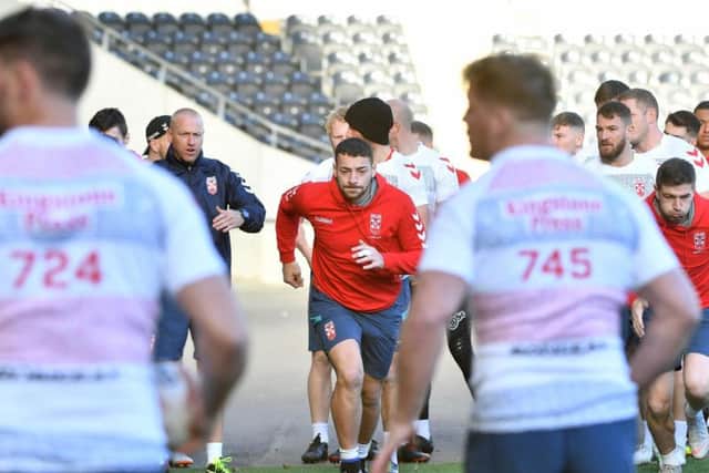 Hull FC's Jake Connor, centre, in training for England today. (SWPix)