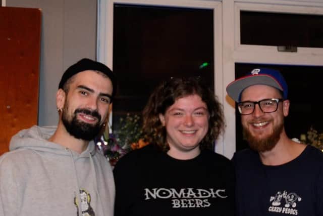 Gabriele Bertucci from London Fields Brewery, left, Katie Marriott, Nomadic Beers, centre and Chris Moore, The Brooklyn Brewery, right.