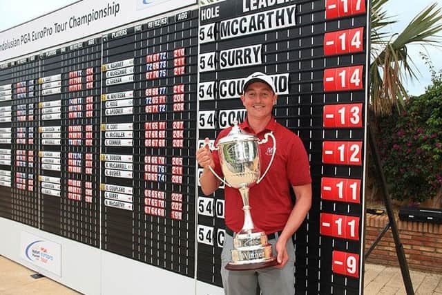 Moortown's Nick McCarthy poses with the Andalusian PGA EuroPro Tour Championship trophy.