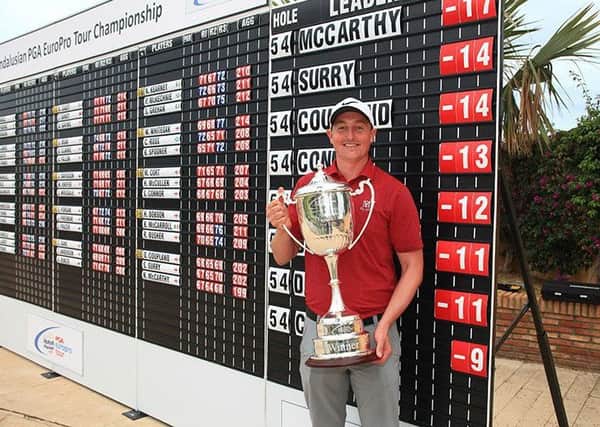 Moortown's Nick McCarthy poses with the Andalusian PGA EuroPro Tour Championship trophy.