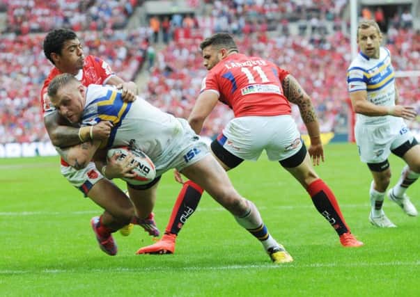 Brad Singleton touching down in the Challenge Cup final against Hull KR in 2015. PIC: Steve Riding