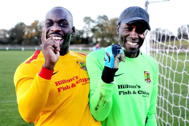 Cup Thriller: Aberford Albions Stefan Small, left, who scored the winning penalty and goalkeeper Anthony Haywood who saved two in the shootout against Rawdon OB in the West Yorkshire League Cup. The tie finished 3-3 with Albion eventually prevailing 9-8 on penalties. PIC: Steve Riding