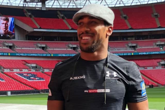 Anthony Joshua wears the Kempadoo Millar flat cap at Wembley before his fight with Alexander Povetkin.