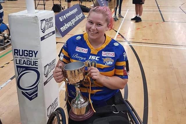 Jodie Boyd-Ward with the Grand Final trophy. Picture: Leeds Rhinos wheelchair rugby league club.