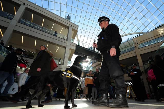A police dog and handler patrol Trinity Leeds during the official launch of Project Servator. Pictures: Simon Hulme