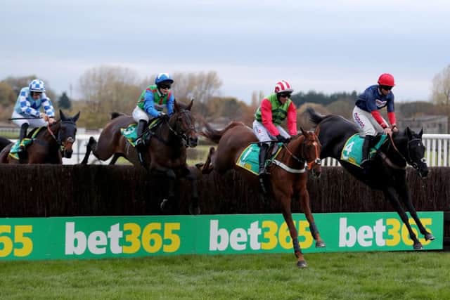 The draamtic first fence in the Charlie Hall Chase where Double Shuffle, left, crashed out.
