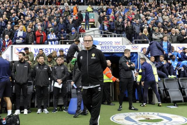 Leeds United head coach Marcelo Bielsa walks out for Sunday's 2-1 win at Wigan.