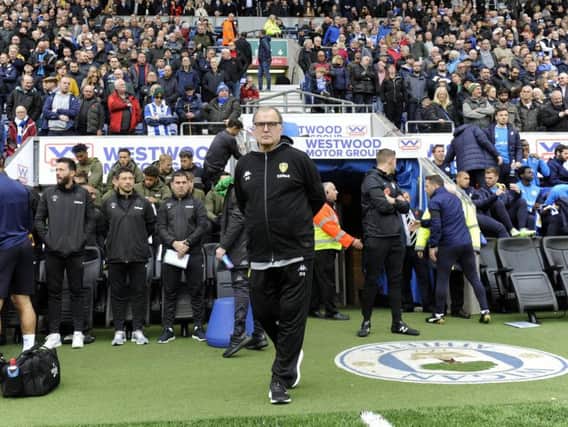 Leeds United head coach Marcelo Bielsa walks out for Sunday's 2-1 win at Wigan.