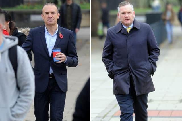 Tony Dorigo (left) outside Leeds Magistrates' Court, where Gareth Senior (right) was fined for attacking the former Leeds United footballer in a White Company store.