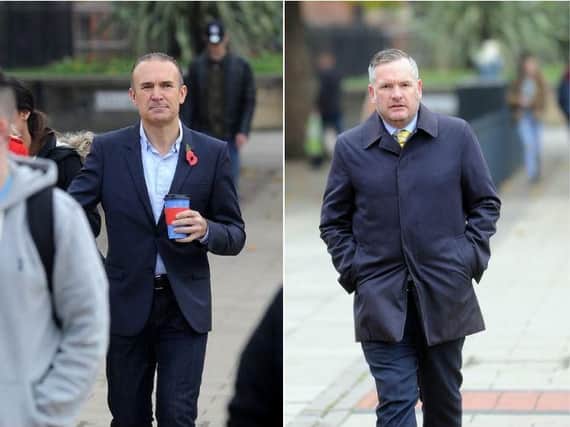 Tony Dorigo (left) outside Leeds Magistrates' Court, where Gareth Senior (right) was fined for attacking the former Leeds United footballer in a White Company store.