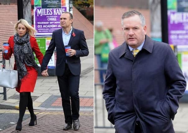 Tony Dorigo (left) and new girlfriend Claire Joss outside Leeds Magistrates' Court, where Gareth Senior (right) was fined for attacking the former Leeds United footballer in a White Company store.