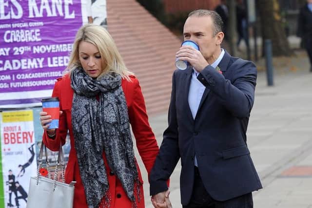 Tony Dorigo with new girlfriend Claire Joss having a coffee outside Leeds Magistrates' Court, where Gareth Senior was fined for attacking the former Leeds United footballer in a White Company store.