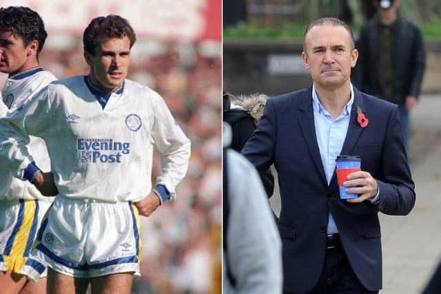 Then and now: Tony Dorigo during his playing career for Leeds United and outside of Leeds Magistrates' Court, where Gareth Senior (right) was fined for attacking him in a White Company store.