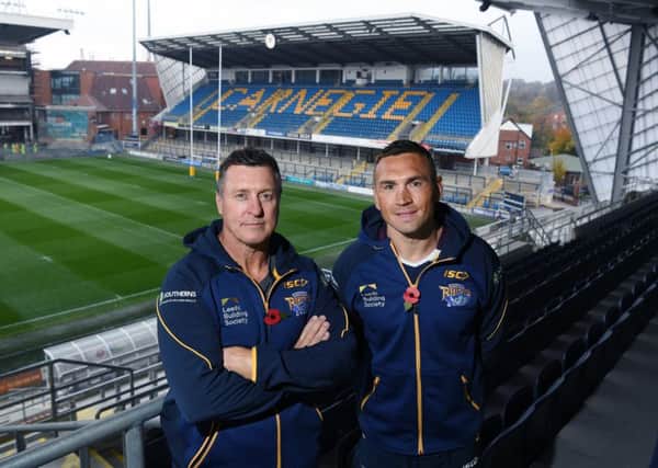 New Leeds Rhinos head coach, David Furner, with director of rugby, Kevin Sinfield, at Emerald Headingley. PIC: Jonathan Gawthorpe
