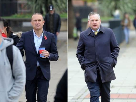 Tony Dorigo (left) and NHS worker Gareth Senior (right) outside Leeds Magistrates' Court. Senior was fined for attacking the former Leeds United footballer in a White Company store.