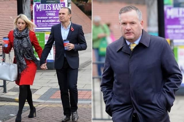Tony Dorigo (left) and new girlfriend Claire Joss outside Leeds Magistrates' Court, where Gareth Senior (right) was fined for attacking the former Leeds United footballer in a White Company store.
