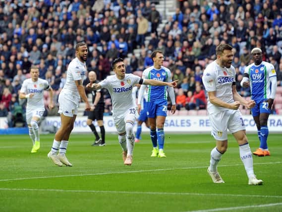 STILL IMPROVING: Pablo Hernandez, centre, celebrates his equalising goal in last weekend's 2-1 victory at Wigan Athletic.
