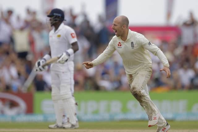 England's Jack Leach celebrates the dismissal of Sri Lanka's Kusal Mendis.