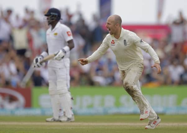 England's Jack Leach celebrates the dismissal of Sri Lanka's Kusal Mendis.