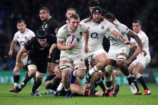 No try: England's Sam Underhill races clear to score a try which is then ruled out for an offside after a TMO (television match official) decision.